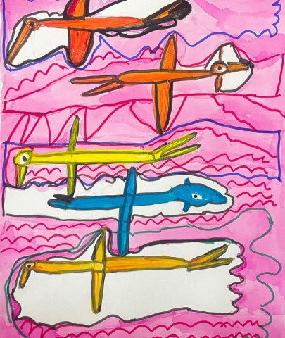 4 pájaros en un cielo rosa